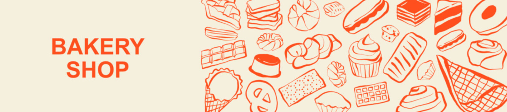 Horizontal banner design for a bakery shop featuring hand-drawn monochrome line art doodles of delicious pastries and desserts. for cafe menu, pastry boutique identity, packaging, and sweet food web