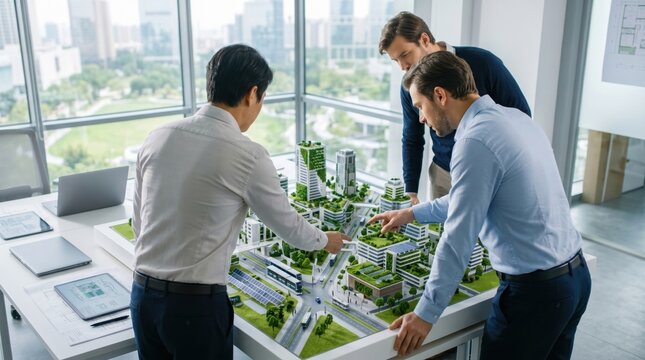 Architects and urban planners examining detailed scale model of sustainable green city development project