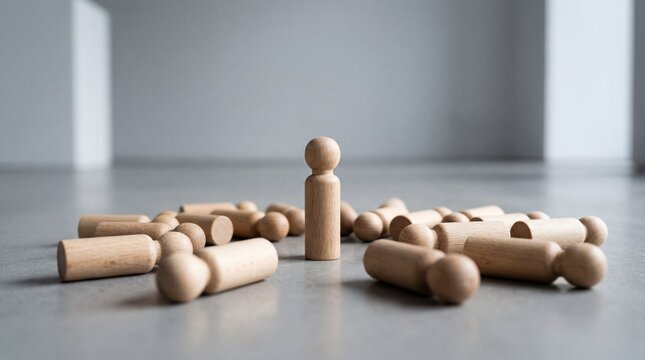 one upright wooden doll peg surrounded by multiple fallen figurines, symbolizing leadership and standing out