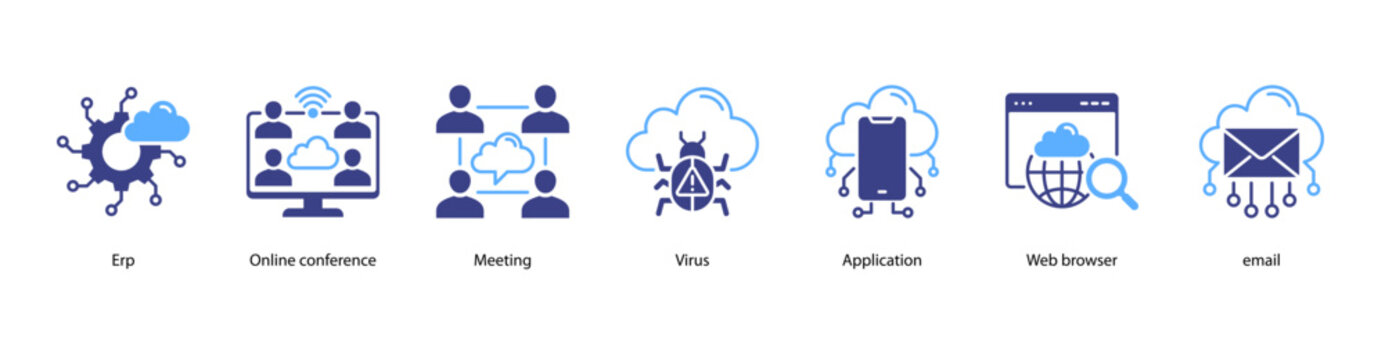 Digital Workspace web banner icon vector illustration featuring ERP, Online Conference, Meeting, Virus, Application, Web Browser, and Email.