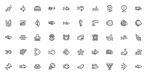 Sea life icon set. Ocean marine vector icons. Minimalist line art pack. Featuring fish, whale, dolphin, octopus, seashell, seaweed, crab, turtle, starfish, jellyfish and more. Editable vector stroke. © wang