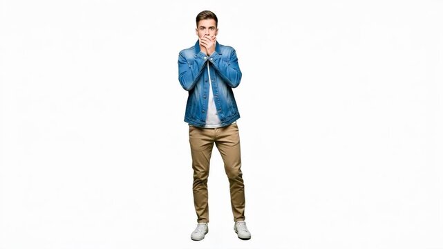 A young man in a blue jacket shocked and surprised by content