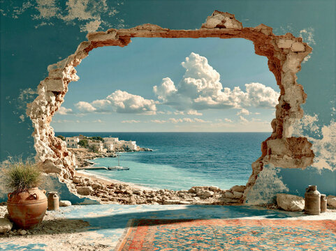 Broken wall reveals view of sea and clouds at coastal area with small boats in water