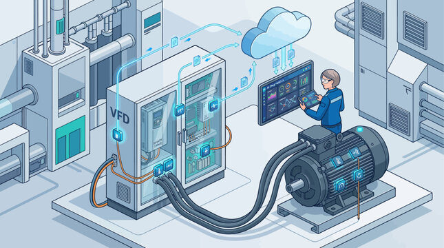 Isometric illustration of industrial automation with VFD motor control, cloud data monitoring and digital factory dashboard for smart manufacturing technology concept