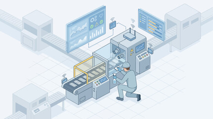 Obraz premium Isometric smart factory production line with technician maintenance and IoT digital transformation data dashboards in blue monochrome style
