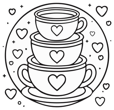 Three teacups with heart shapes stacked together in a circle adorned with hearts and dots, a decorative and sweet illustration.