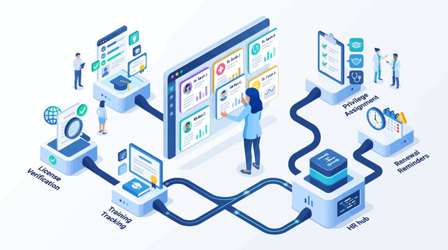 Isometric healthcare human resources management system infographic with digital dashboard for medical credentialing training and staff credential management
