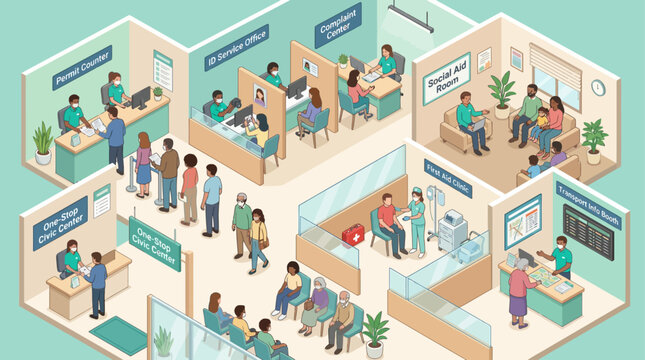Isometric civic center interior with diverse people at government service counters and medical clinic waiting area for public administration and community support services infographic