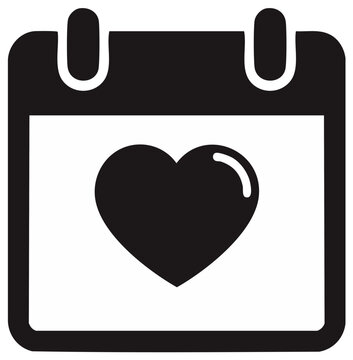 Black and white calendar icon with a heart symbol on the page for special dates