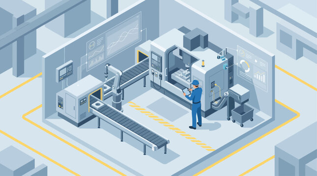 Isometric smart factory production floor with robotic arm automation and technician monitoring digital data dashboards in blue monochrome style