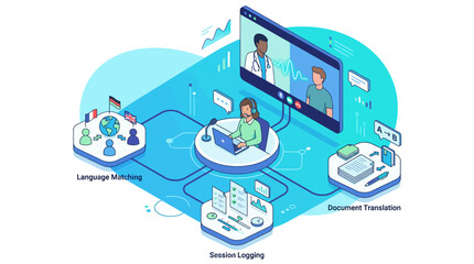 Naklejka premium Isometric illustration of remote language interpretation service with video call translation document processing and session logging for global business communication and digital customer support