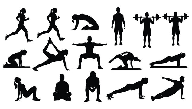 Human silhouettes performing various athletic exercises on a white background