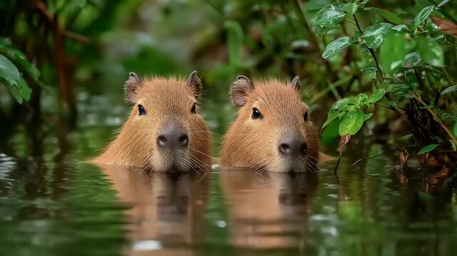 Two capybaras swimming in a lush green habitat