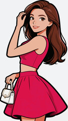 Fototapeta premium Stylish Cartoon Young Woman in Pink Two Piece Outfit