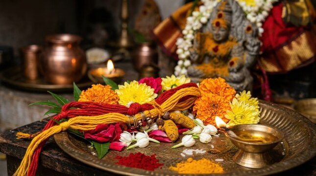 Traditional Hindu goddess worship ritual with flowers and oil lamp offering