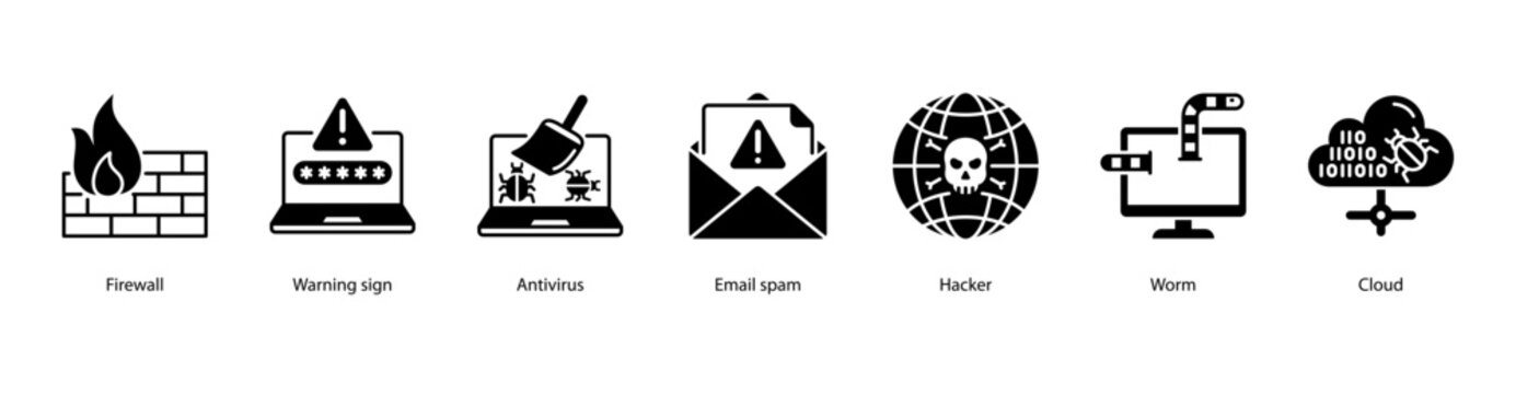 Network Defense web banner icon vector illustration featuring Firewall, Warning Sign, Antivirus, E-mail Spam, Hacker, Worm, and Cloud.