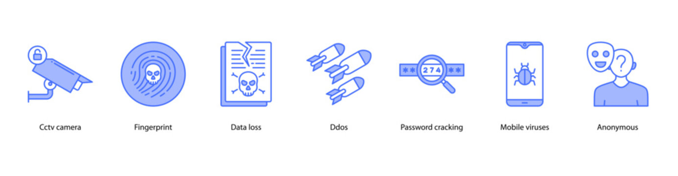 Digital Surveillance web banner icon vector illustration featuring CCTV Camera, Fingerprint, Data Loss, DDoS, Password Cracking, Mobile Viruses, and Anonymous.