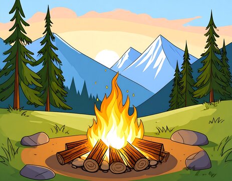 Cartoon campfire burns brightly in a green meadow surrounded by towering pines and majestic, snow-capped mountains. The sun sets
