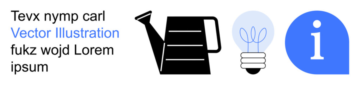 Gardening, innovation, learning, sustainability, energy, education. A watering can, light bulb and information icon arranged side by side. Gardening and innovation concepts are