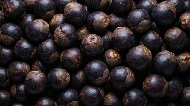 Fresh dark purple palmyra fruit harvested and piled together creating a rich textured background for healthy tropical food and exotic organic produce concepts