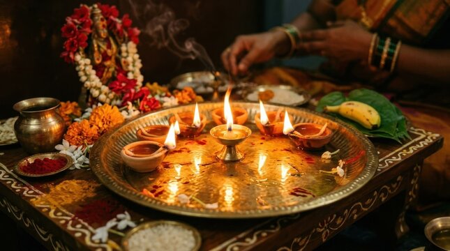 Hindu devotee performing Aadi Velli puja with oil lamps and flowers for Goddess Amman