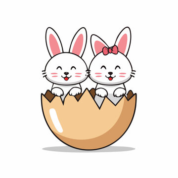 Two cute cartoon bunnies hatching from an egg