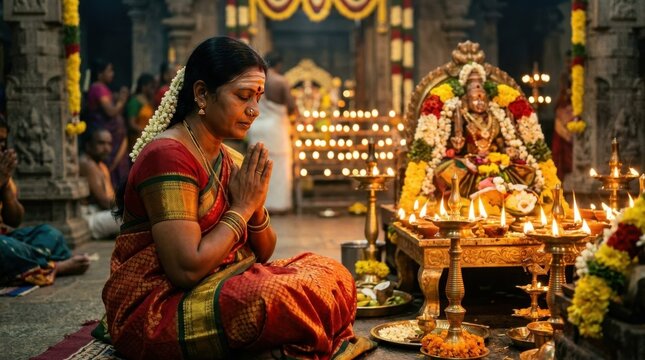 Indian woman praying with joined hands in a traditional Hindu temple