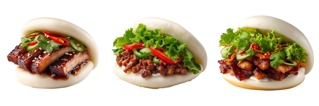 Delicious bao buns filled with savory pork belly and minced meat isolated on transparent background, Asian street food, traditional Chinese steamed buns.