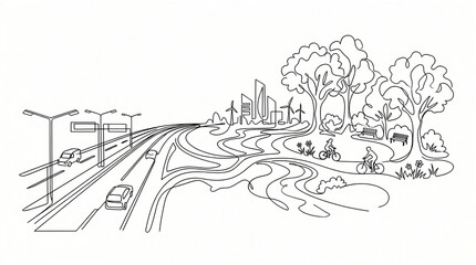 Naklejka premium A minimalist black and white line art illustration depicts the coexistence of a busy highway and a serene green park with a sustainable cityscape in the background.
