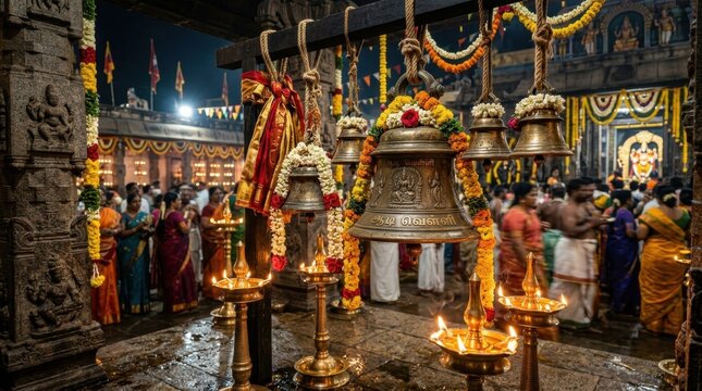 Aadi Velli festival: Hindu temple devotees pray with traditional lamps and bells at night