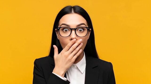 A surprised businesswoman in a black suit reacts with shock .
