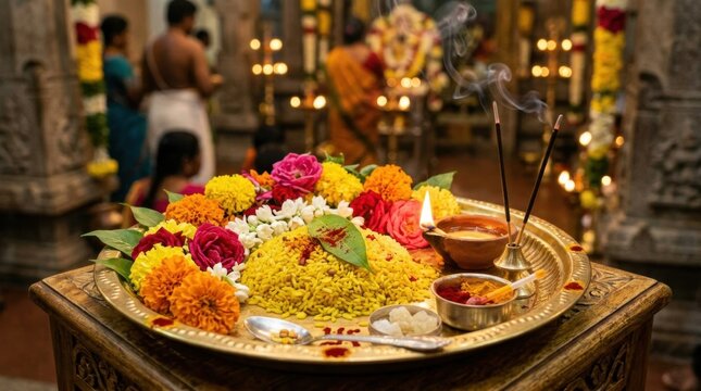 Traditional Hindu Aadi Velli puja offerings with flowers, rice, and lamp at a temple, symbolizing devotion and spirituality.