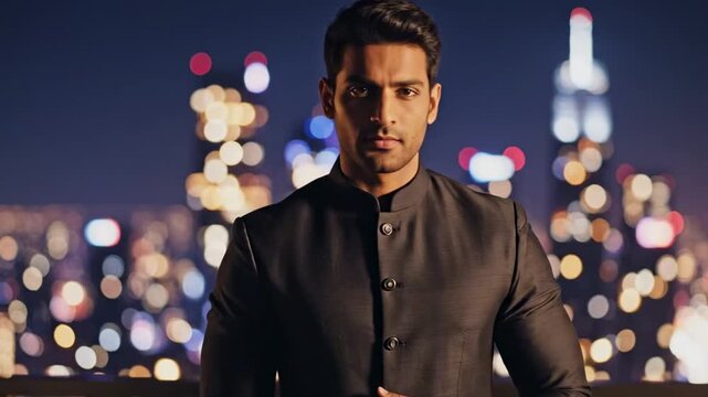 indian guy with neatly combed short quiff hair wearing a charcoal bandhgala jacket on a rooftop at night, confident urban portrait with blurred city lights and polished modern evening fashion.