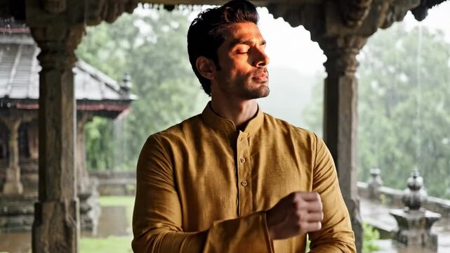 indian guy with slick pompadour short hair wearing a mustard linen kurta under carved veranda, eyes closed in warm sun after rain, peaceful heritage portrait with stone arches and soft greenery.