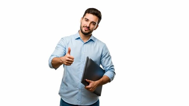 A smiling man giving a thumbs up while holding a laptop