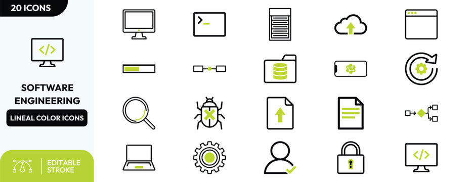Software Engineering icon set. Containing development tools coding data cloud and system architecture. Editable stroke. Vector illustration.