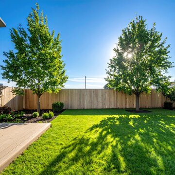 Beautiful Sunny Backyard with Lush Green Lawn and Wooden Fence.