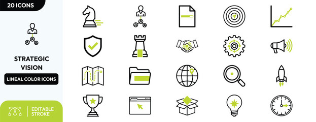 Strategic Vision icon set. Containing business strategy leadership growth planning innovation. Editable stroke. Vector illustration. © Villuiq