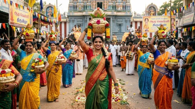 Women carrying sacred pots during Aadi Velli temple festival in India