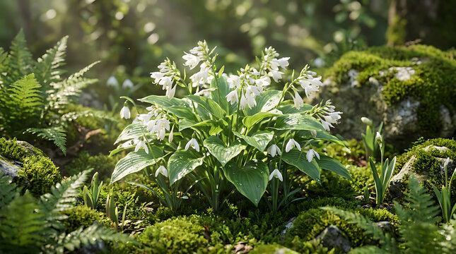 White flowers of polygonatum plant with green leaves on transparent background