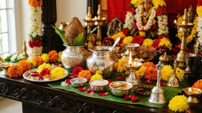 Traditional Hindu Aadi Velli Amman puja ceremony with vibrant offerings, lamps, and flowers arranged on a decorated altar.