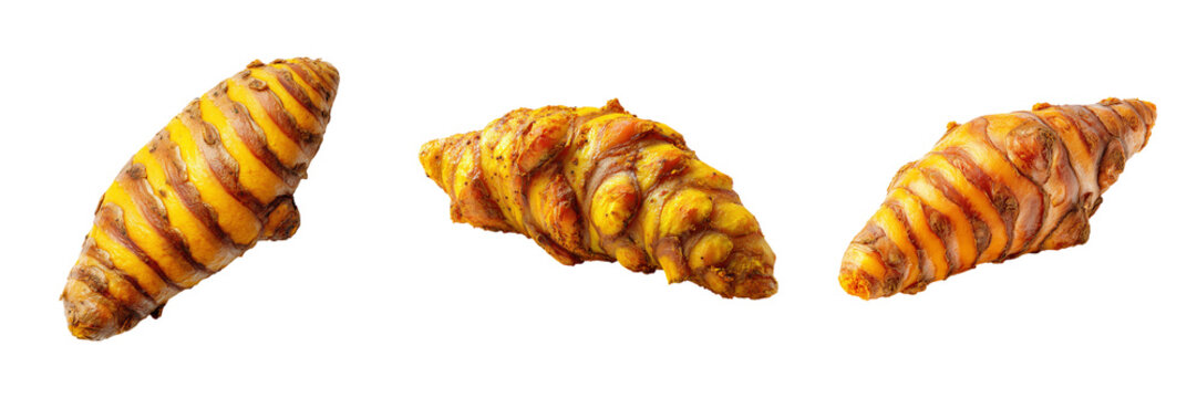 Raw turmeric root rhizome isolated on transparent background. Organic ginger family spice known for anti-inflammatory benefits, herbal medicine, and curry cooking.