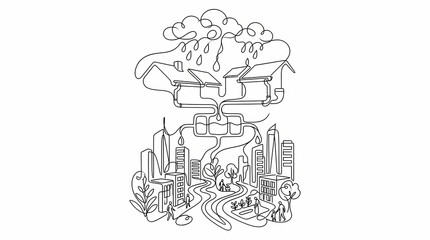 Obraz premium Line art illustration visualizes a sustainable urban water cycle, showing rainwater collection from solar-paneled houses, purification, and distribution throughout a modern city environment.