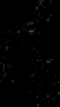 Vertical abstract digital overlay template featuring glowing white dot matrix grids, minimal geometric shapes, and tech HUD elements on black background