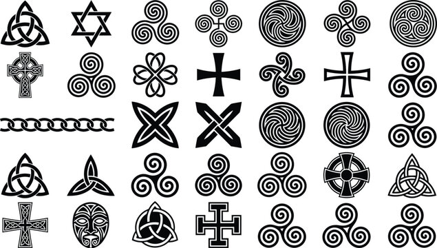 Celtic Spiral and Sacred Symbol Collection with Trinity Knots, Crosses, Circular Patterns, and Mystical Decorative Elements for Spiritual Design Projects