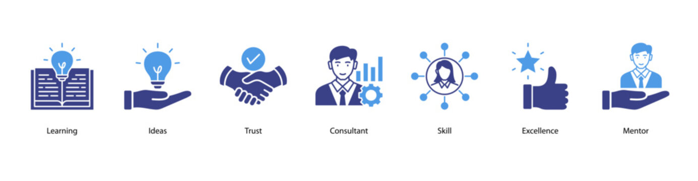 Personal Growth web banner icon vector illustration featuring Learning, Ideas, Trust, Consultant, Skill, Excellence, and Mentor for career and self-development.