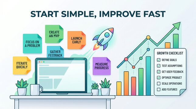 Startup growth strategy infographic with laptop and plants on desk, New trending high quality 4k
