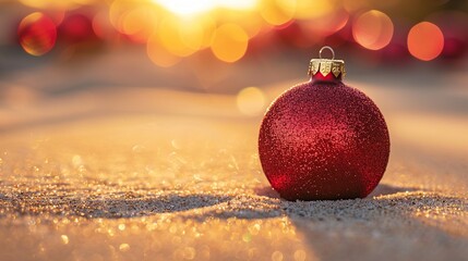 Festive Christmas Ornaments Scattered on Sandy Beach at Golden Hour © artsandra