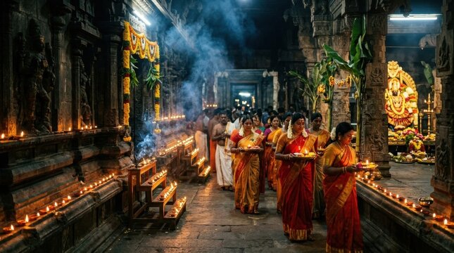 Hindu women in traditional sarees carry oil lamps and offerings during a spiritual procession in a South Indian temple for Aadi Velli festival.