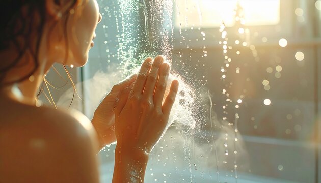 Aesthetic cinematic photo showing a woman taking a shower with water vapor filling the room. Warm morning sunlight penetrates the dewy glass window, creating a bokeh effect dr